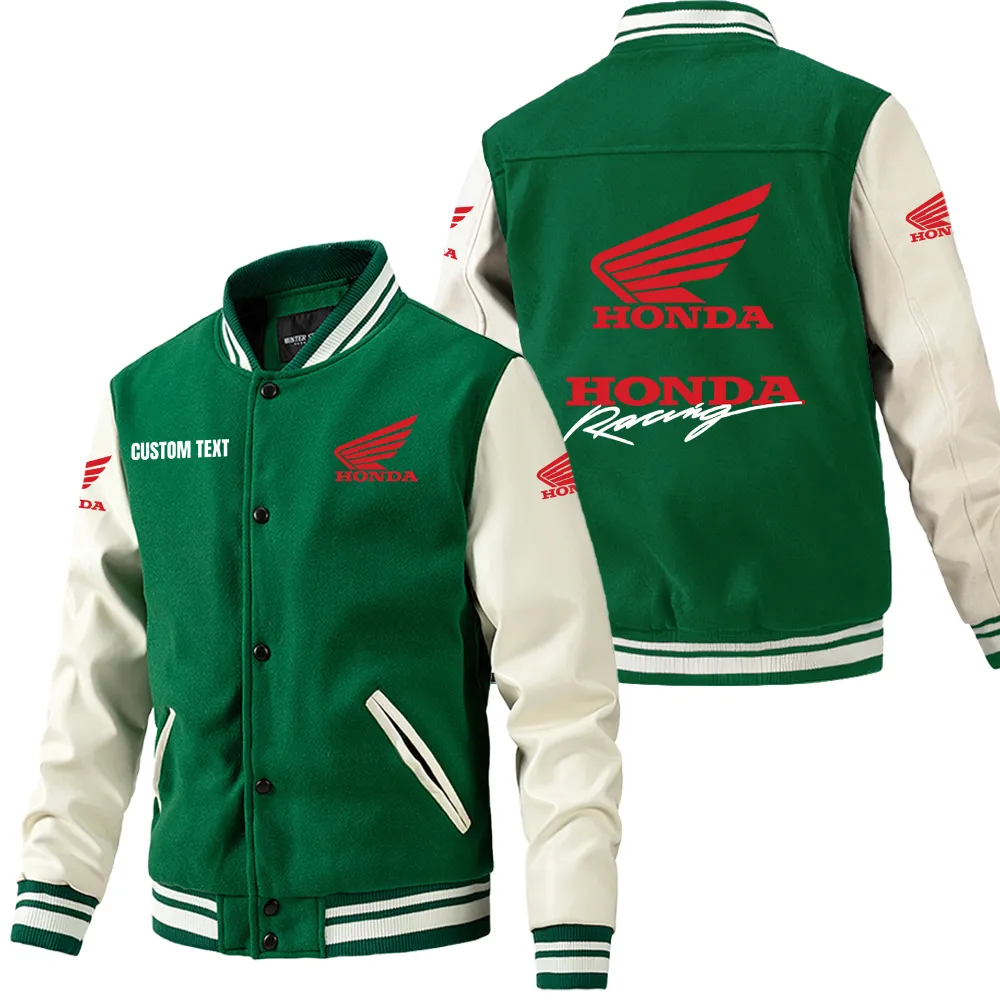 Honda Motor Leder-Baseballjacke für Auto-Fans – Ärmel mit All-Over-Print, personalisierbar mit Wunschname CAR1801112111 - Grün