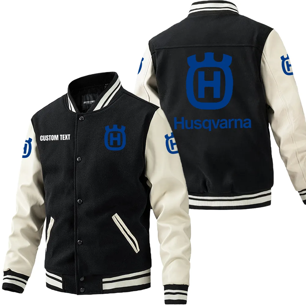 Husqvarna Leder-Baseballjacke für Auto-Fans – Ärmel mit All-Over-Print, personalisierbar mit Wunschname CAR1801112113 - Schwarz Weiß