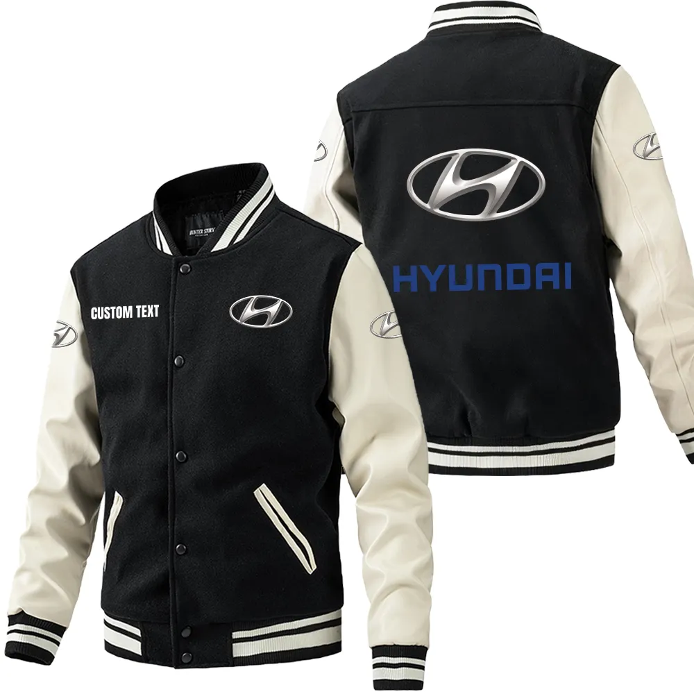 Hyundai Leder-Baseballjacke für Auto-Fans – Ärmel mit All-Over-Print, personalisierbar mit Wunschname CAR1801112114 - Schwarz Weiß