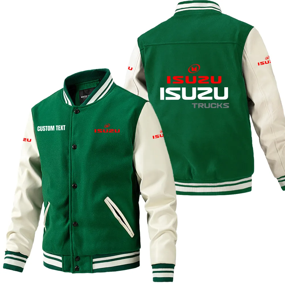 Isuzu Leder-Baseballjacke für Auto-Fans – Ärmel mit All-Over-Print, personalisierbar mit Wunschname CAR1801112116 - Grün