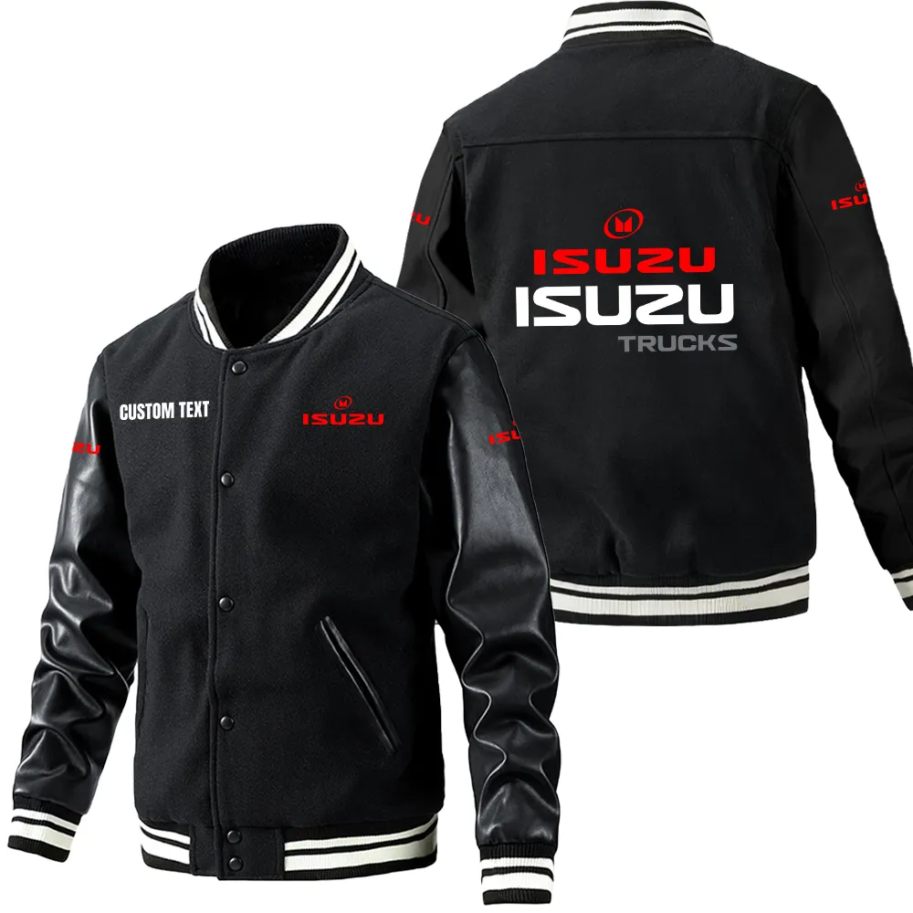 Isuzu Leder-Baseballjacke für Auto-Fans – Ärmel mit All-Over-Print, personalisierbar mit Wunschname CAR1801112116 - Schwarz