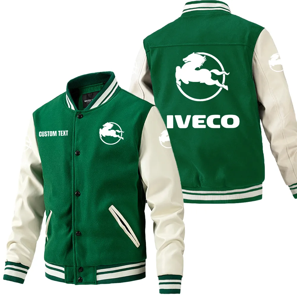 Iveco Leder-Baseballjacke für Auto-Fans – Ärmel mit All-Over-Print, personalisierbar mit Wunschname CAR1801112117 - Grün