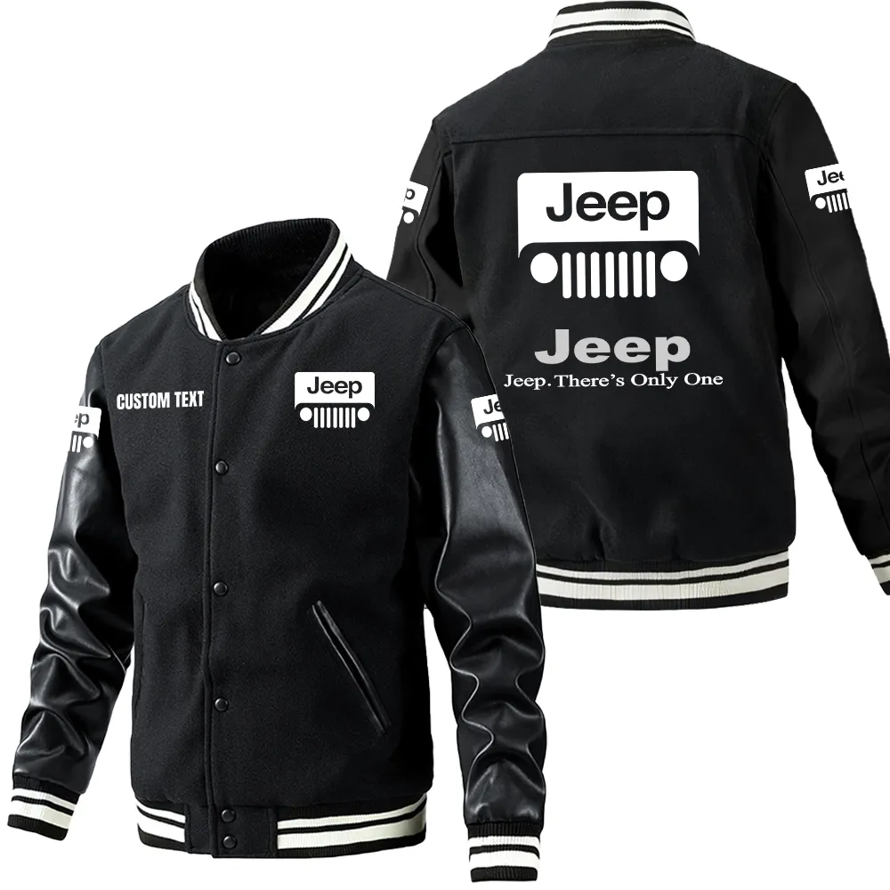 Jeep Leder-Baseballjacke für Auto-Fans – Ärmel mit All-Over-Print, personalisierbar mit Wunschname CAR1801112120 - Schwarz