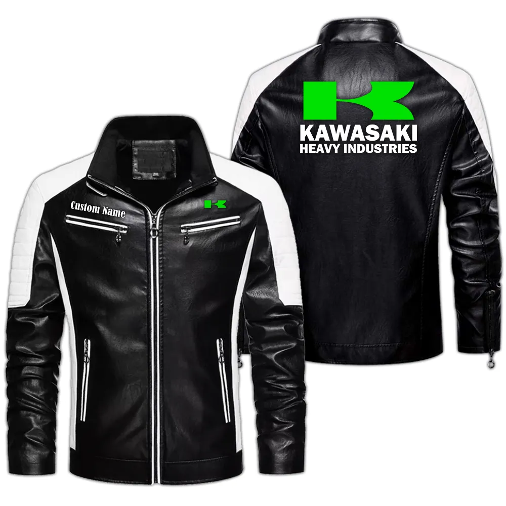 Kawasaki Heavy Industries Custom Herren Lederjacke für Autoliebhaber, Perfektes Geschenk mit Namen  CAR0401022180 - Schwarz