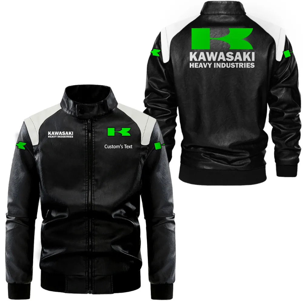 Kawasaki Heavy Industries Lederjacke in Schwarz-Weiß für Auto-Fans, Allover-Print, personalisierbar mit Wunschname CAR0801062195