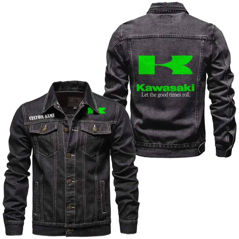 Kawasaki Jeansjacke für Auto-Fans – Vintage-Stil mit Wunschname personalisierbar CAR1901132157 - Schwarz