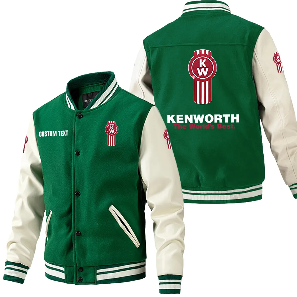 Kenworth Leder-Baseballjacke für Auto-Fans – Ärmel mit All-Over-Print, personalisierbar mit Wunschname CAR1801112122 - Grün