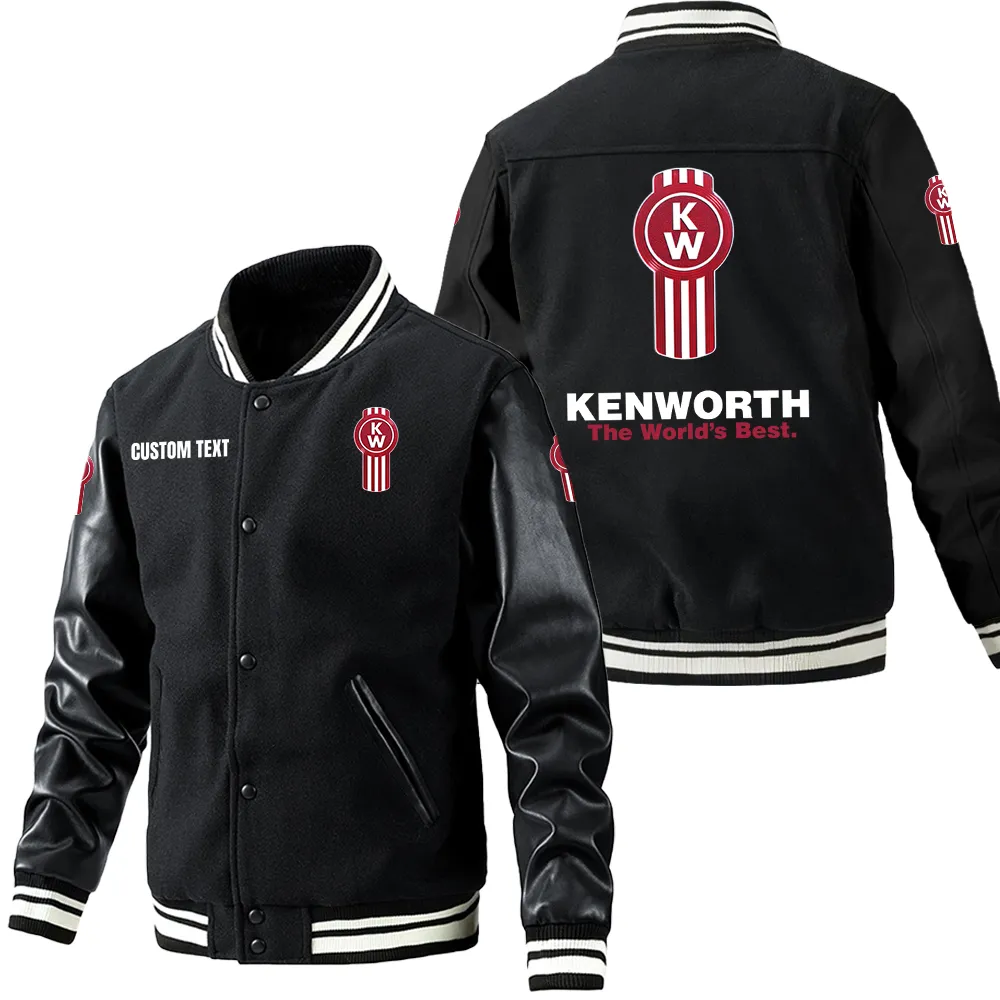 Kenworth Leder-Baseballjacke für Auto-Fans – Ärmel mit All-Over-Print, personalisierbar mit Wunschname CAR1801112122 - Schwarz