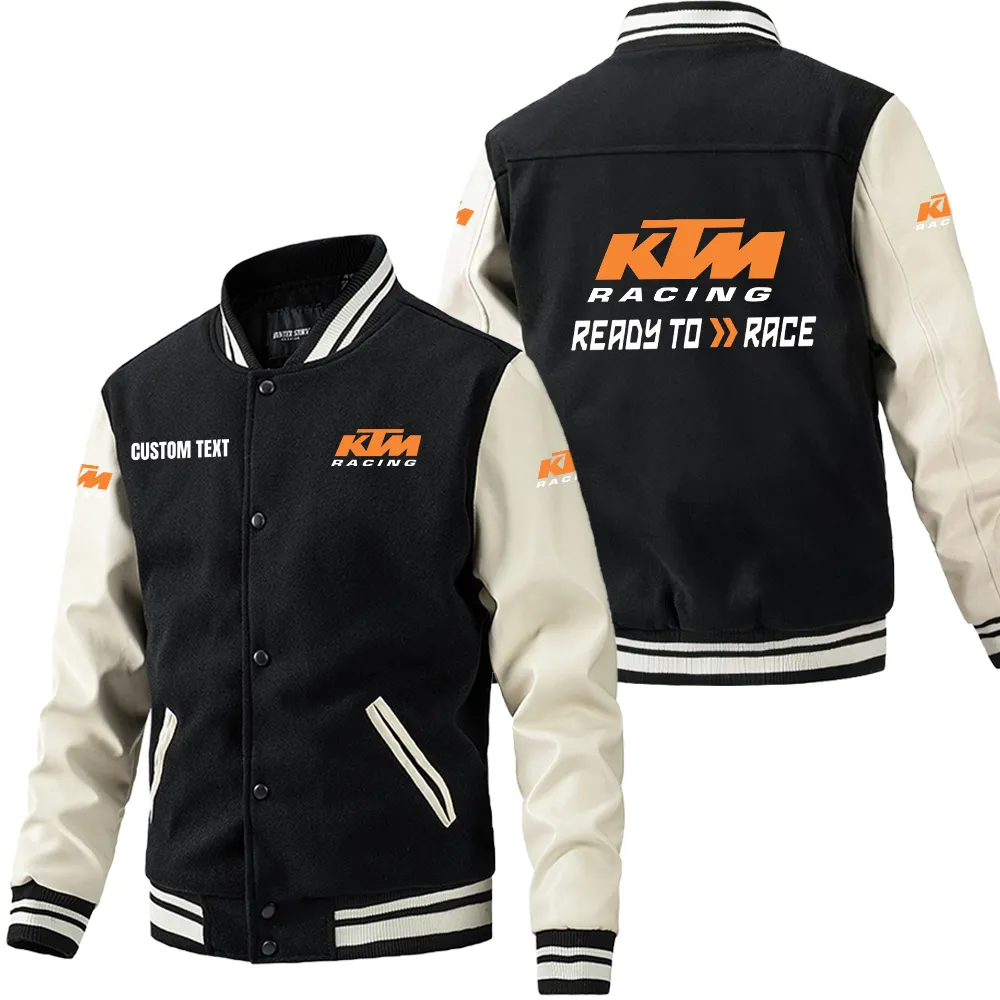 KTM Racing Leder-Baseballjacke für Auto-Fans – Ärmel mit All-Over-Print, personalisierbar mit Wunschname CAR1801112126 - Schwarz Weiß