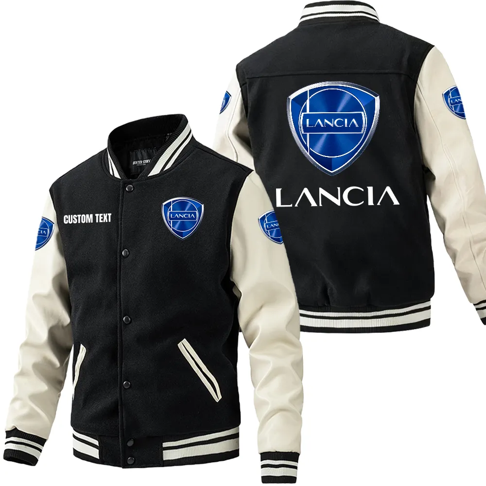 Lancia Leder-Baseballjacke für Auto-Fans – Ärmel mit All-Over-Print, personalisierbar mit Wunschname CAR1801112129 - Schwarz Weiß