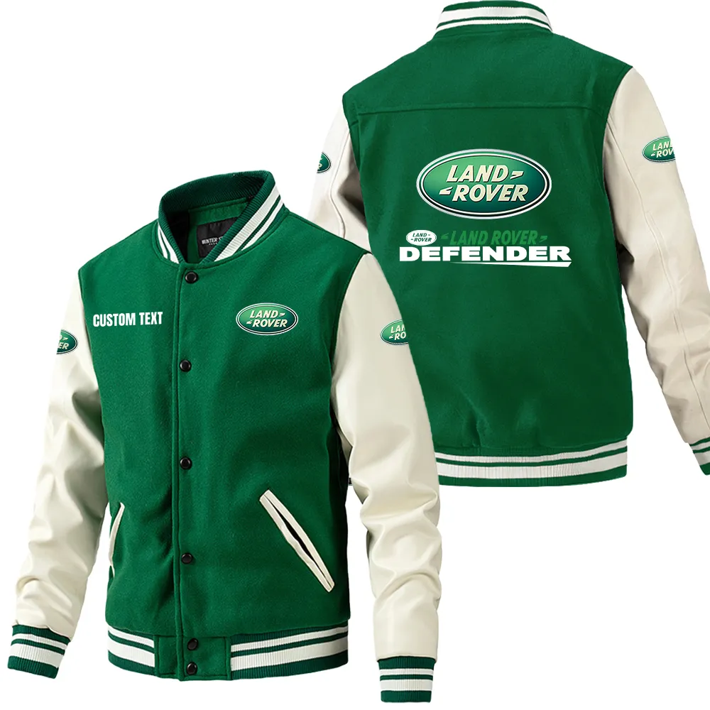 Land Rover Defender Leder-Baseballjacke für Auto-Fans – Ärmel mit All-Over-Print, personalisierbar mit Wunschname CAR1801112131 - Grün