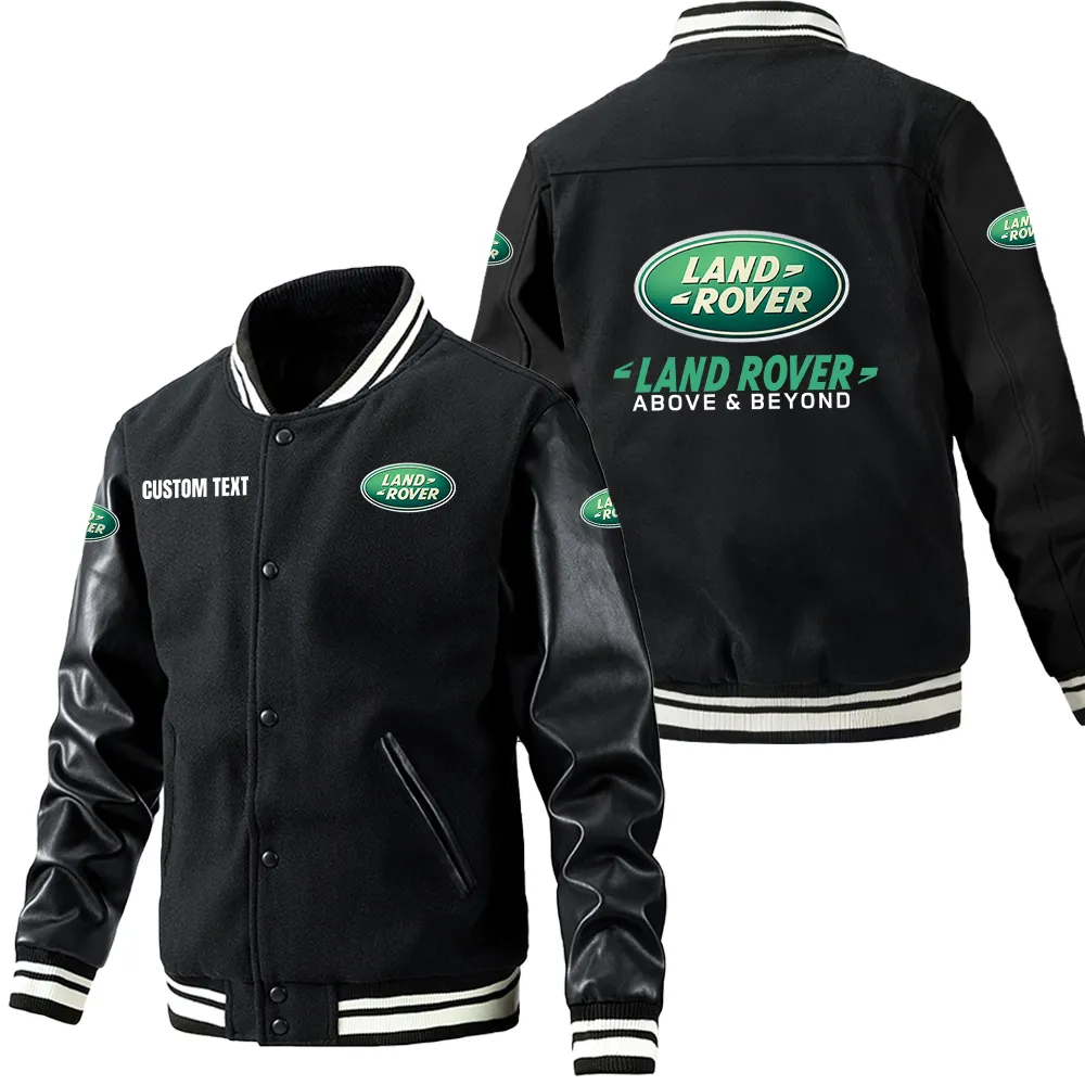 Land Rover Leder-Baseballjacke für Auto-Fans – Ärmel mit All-Over-Print, personalisierbar mit Wunschname CAR1801112133 - Schwarz