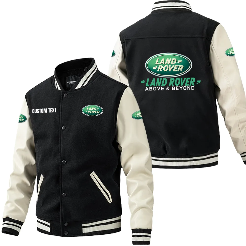Land Rover Leder-Baseballjacke für Auto-Fans – Ärmel mit All-Over-Print, personalisierbar mit Wunschname CAR1801112133 - Schwarz Weiß