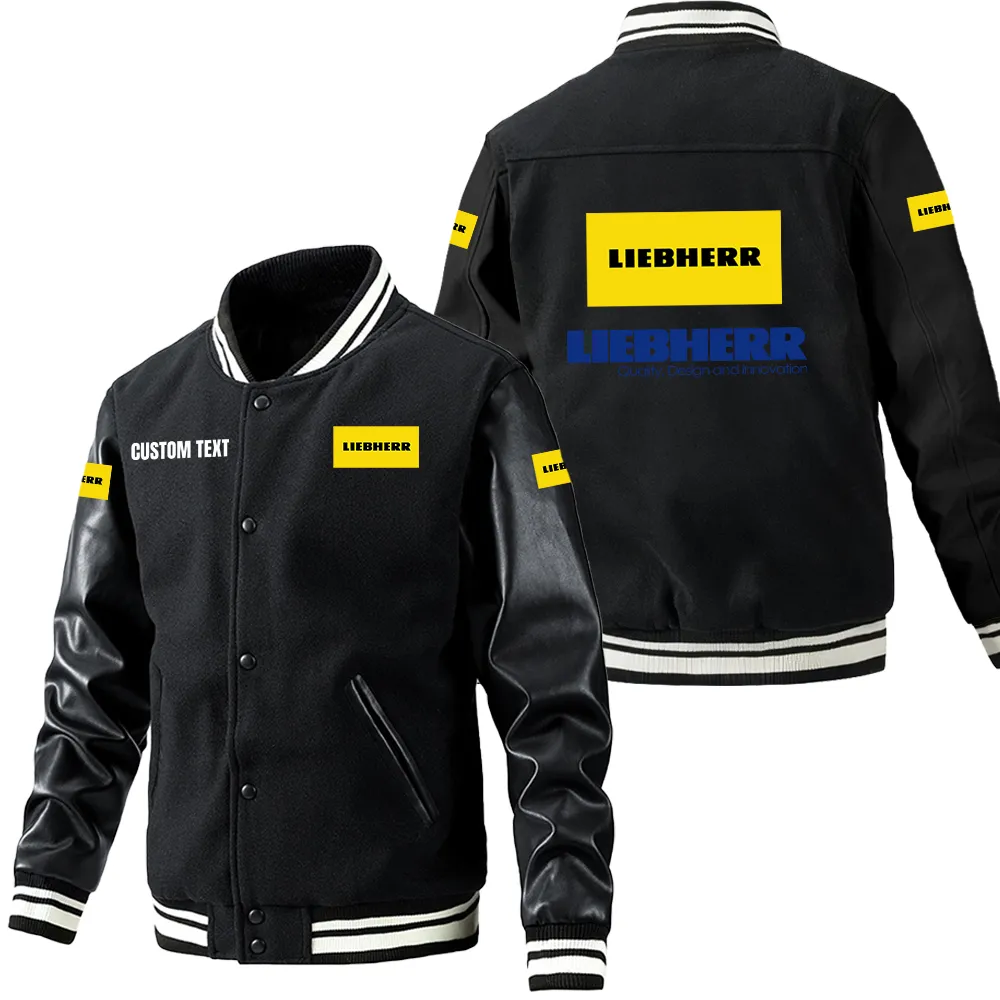 Liebherr Leder-Baseballjacke für Auto-Fans – Ärmel mit All-Over-Print, personalisierbar mit Wunschname CAR1801112136 - Schwarz