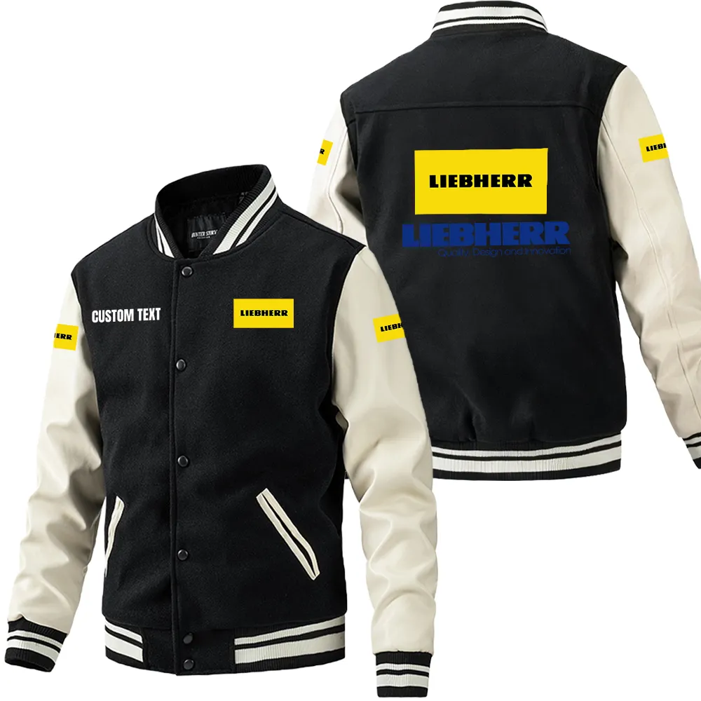 Liebherr Leder-Baseballjacke für Auto-Fans – Ärmel mit All-Over-Print, personalisierbar mit Wunschname CAR1801112136 - Schwarz Weiß
