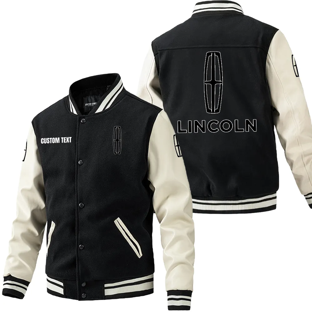 Lincoln Leder-Baseballjacke für Auto-Fans – Ärmel mit All-Over-Print, personalisierbar mit Wunschname CAR1801112137 - Schwarz Weiß