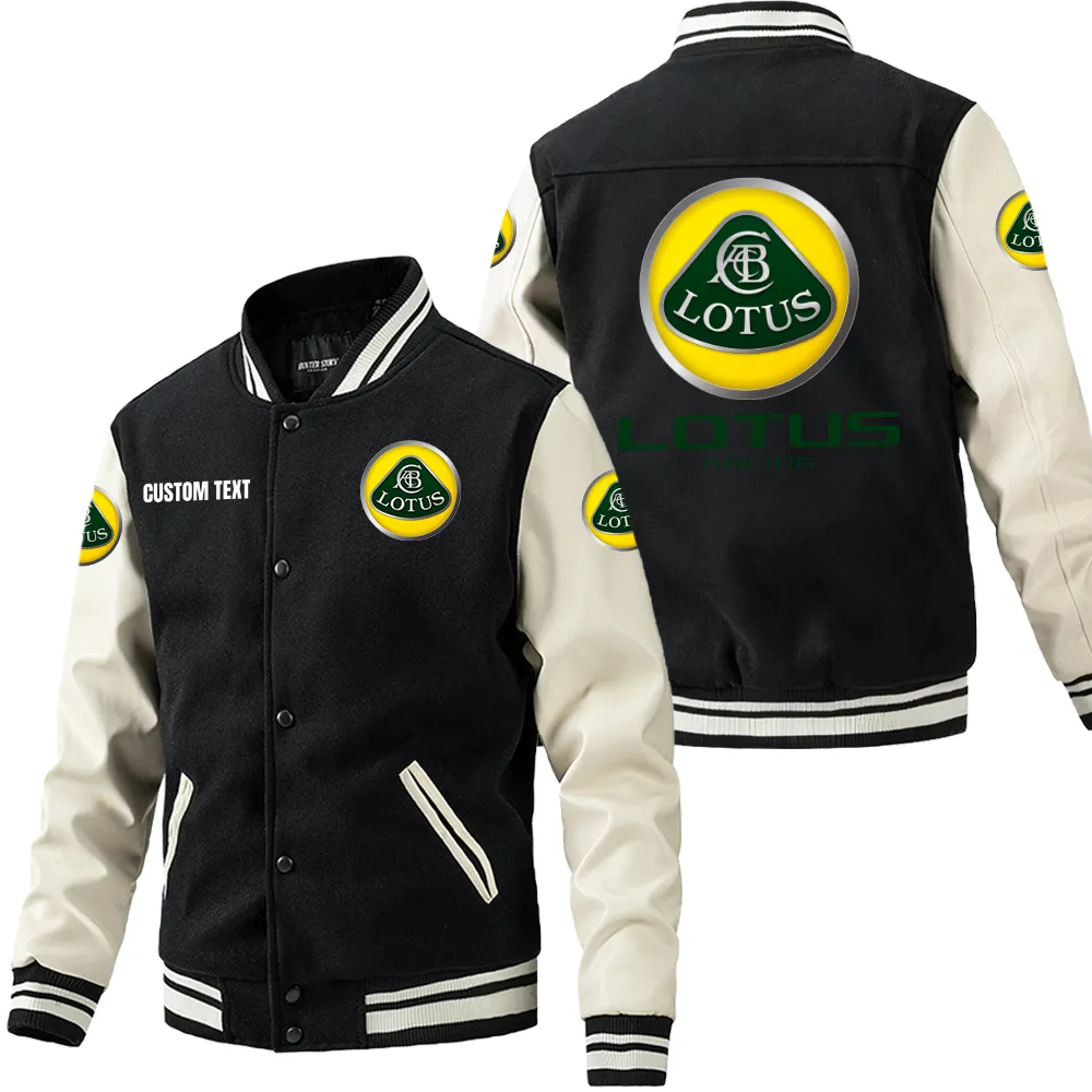 Lotus Cars Leder-Baseballjacke für Auto-Fans – Ärmel mit All-Over-Print, personalisierbar mit Wunschname CAR1801112138 - Schwarz Weiß