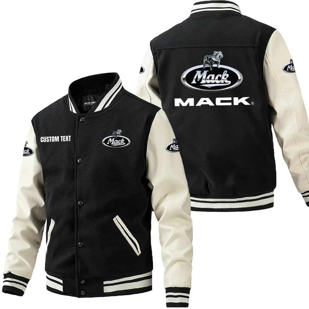 Mack Trucks Leder-Baseballjacke für Auto-Fans – Ärmel mit All-Over-Print, personalisierbar mit Wunschname CAR1801112139 - Schwarz Weiß