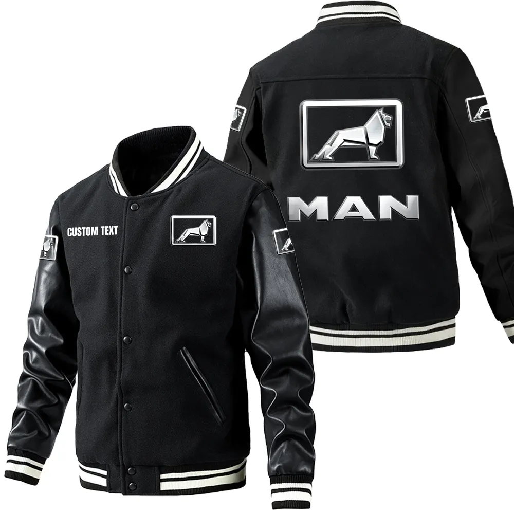 Man Truck Leder-Baseballjacke für Auto-Fans – Ärmel mit All-Over-Print, personalisierbar mit Wunschname CAR1801112140 - Schwarz