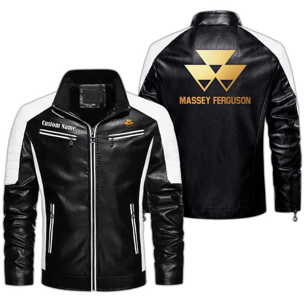 Massey Ferguson Custom Herren Lederjacke für Autoliebhaber, Perfektes Geschenk mit Namen  CAR0401022214 - Schwarz