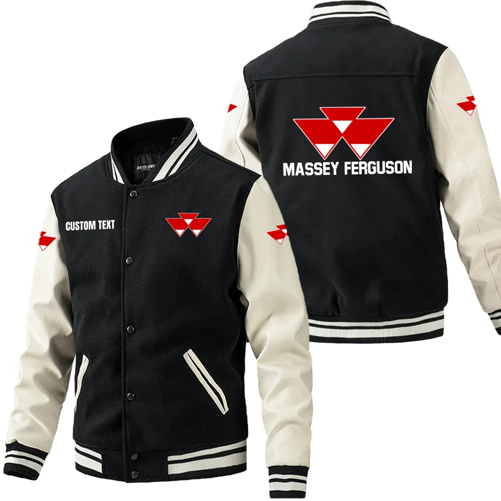 Massey Ferguson Leder-Baseballjacke für Auto-Fans – Ärmel mit All-Over-Print, personalisierbar mit Wunschname CAR1801112142 - Schwarz Weiß