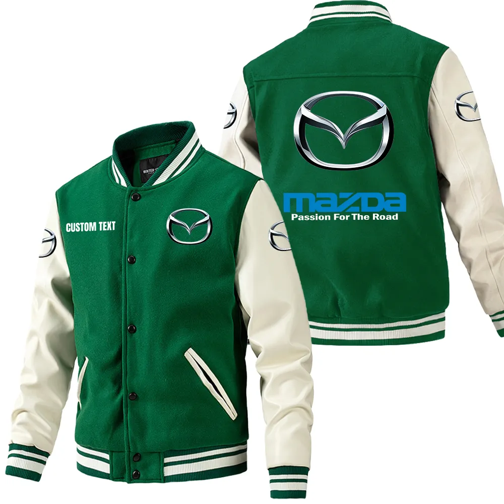 Mazda Leder-Baseballjacke für Auto-Fans – Ärmel mit All-Over-Print, personalisierbar mit Wunschname CAR1801112144 - Grün