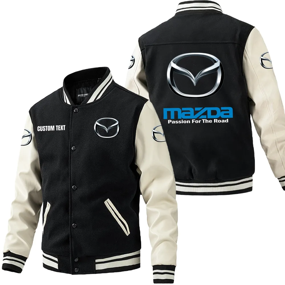 Mazda Leder-Baseballjacke für Auto-Fans – Ärmel mit All-Over-Print, personalisierbar mit Wunschname CAR1801112144 - Schwarz Weiß