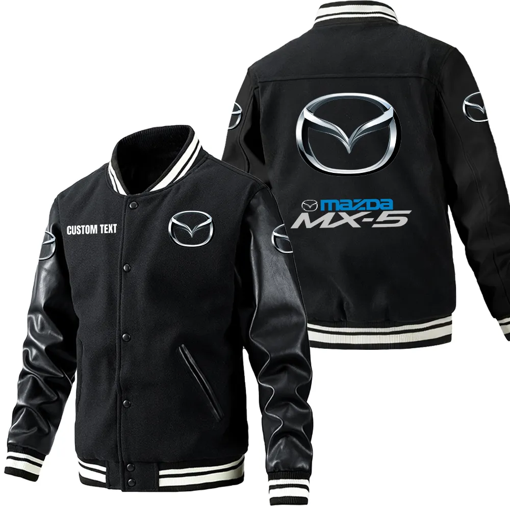 Mazda Mx5 Leder-Baseballjacke für Auto-Fans – Ärmel mit All-Over-Print, personalisierbar mit Wunschname CAR1801112145 - Schwarz