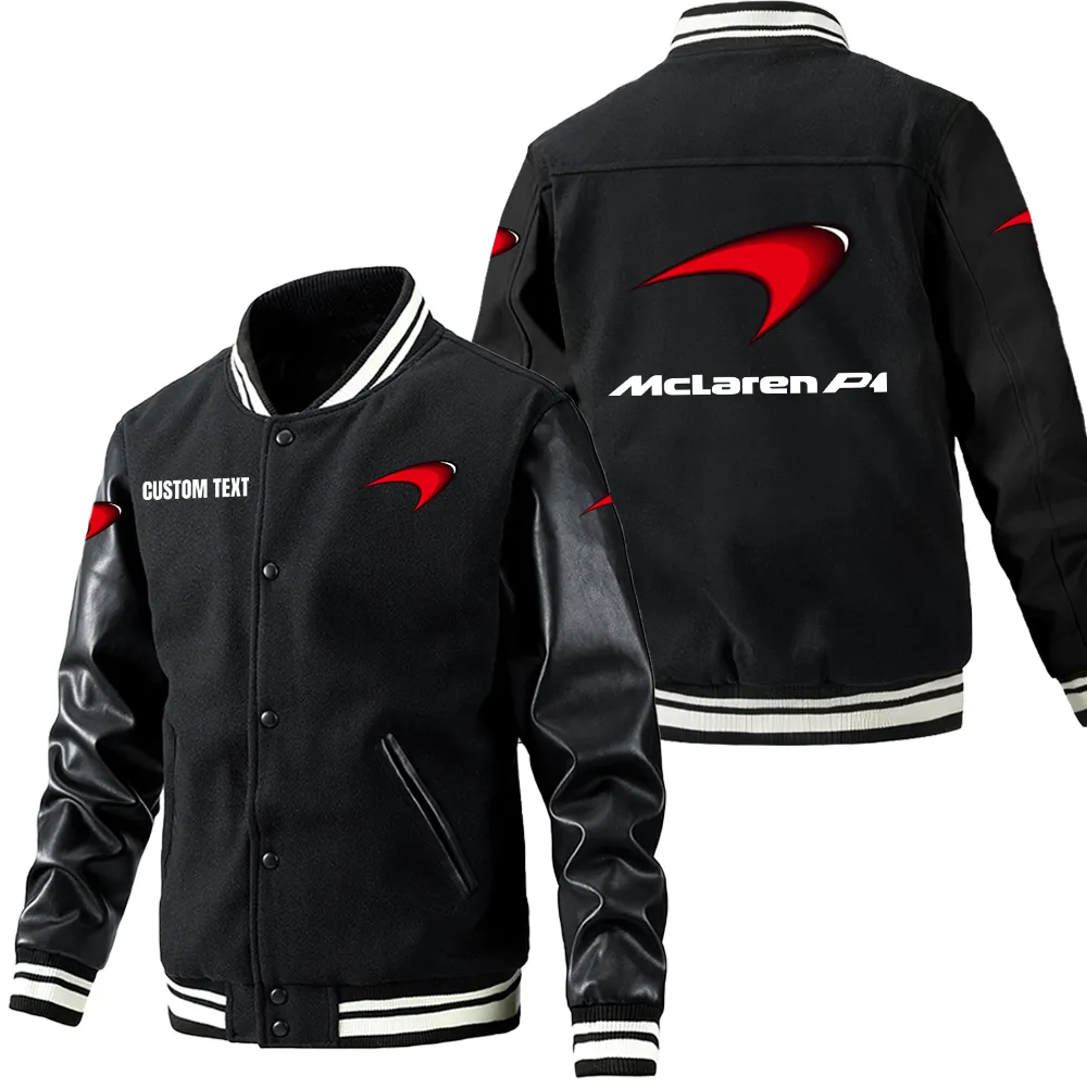 McLaren Leder-Baseballjacke für Auto-Fans – Ärmel mit All-Over-Print, personalisierbar mit Wunschname CAR1801112148 - Schwarz