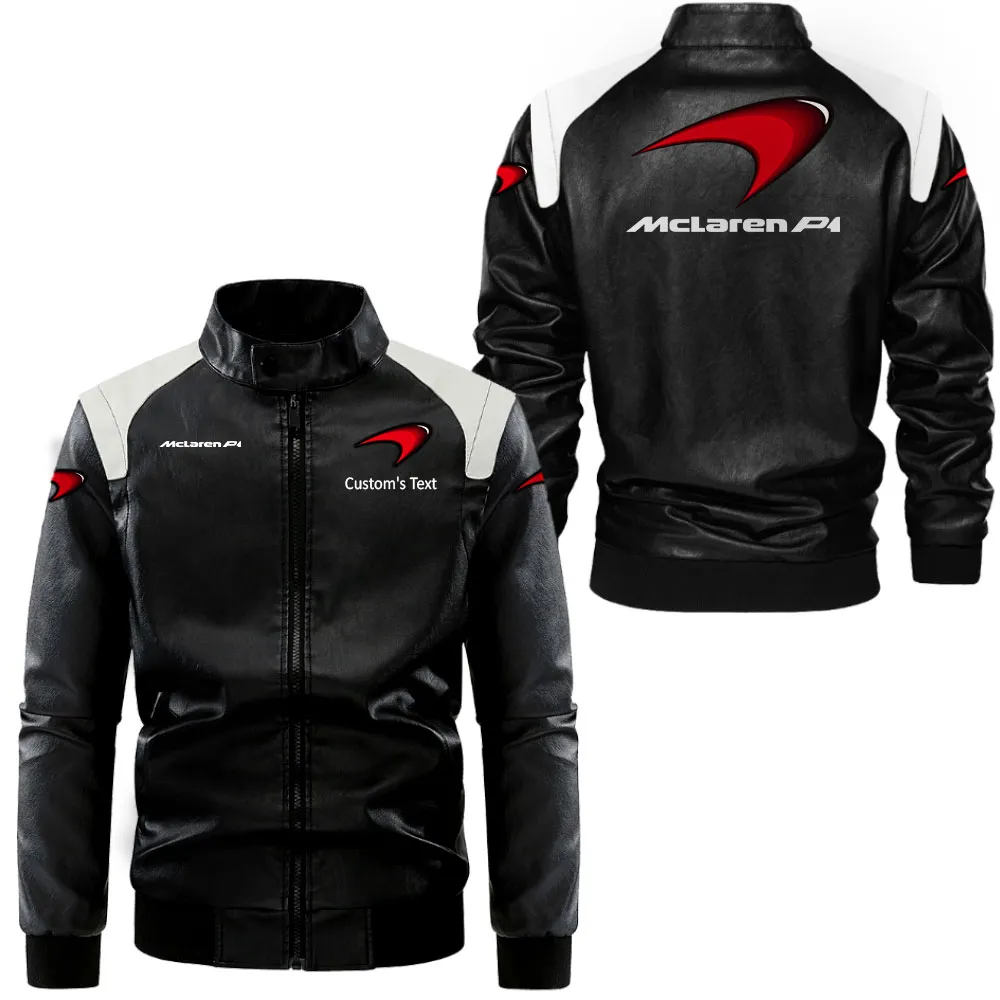 McLaren P1 Lederjacke in Schwarz-Weiß für Auto-Fans, Allover-Print, personalisierbar mit Wunschname CAR0801062236