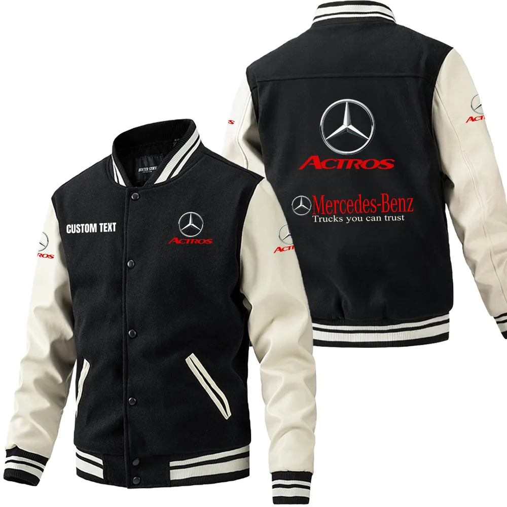 Mercedes Actros Leder-Baseballjacke für Auto-Fans – Ärmel mit All-Over-Print, personalisierbar mit Wunschname CAR1801112149 - Schwarz Weiß