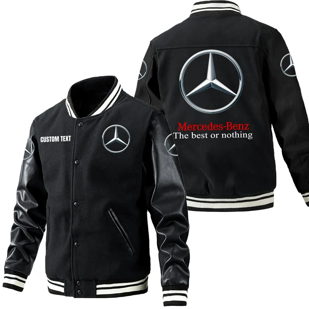 Mercedes Benz Leder-Baseballjacke für Auto-Fans – Ärmel mit All-Over-Print, personalisierbar mit Wunschname CAR1801112150 - Schwarz