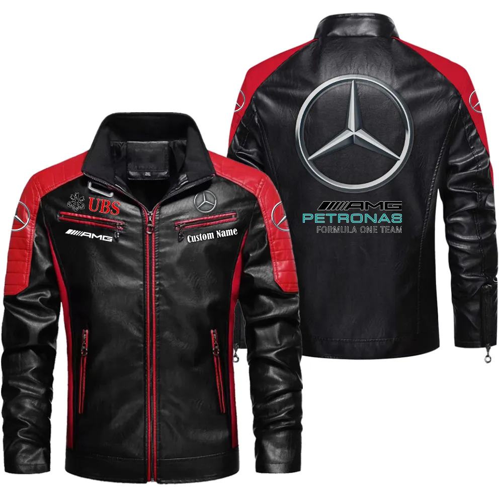Mercedes F1 Custom Herren Lederjacke für Autoliebhaber, Perfektes Geschenk mit Namen  CAR0401022223 - Rot
