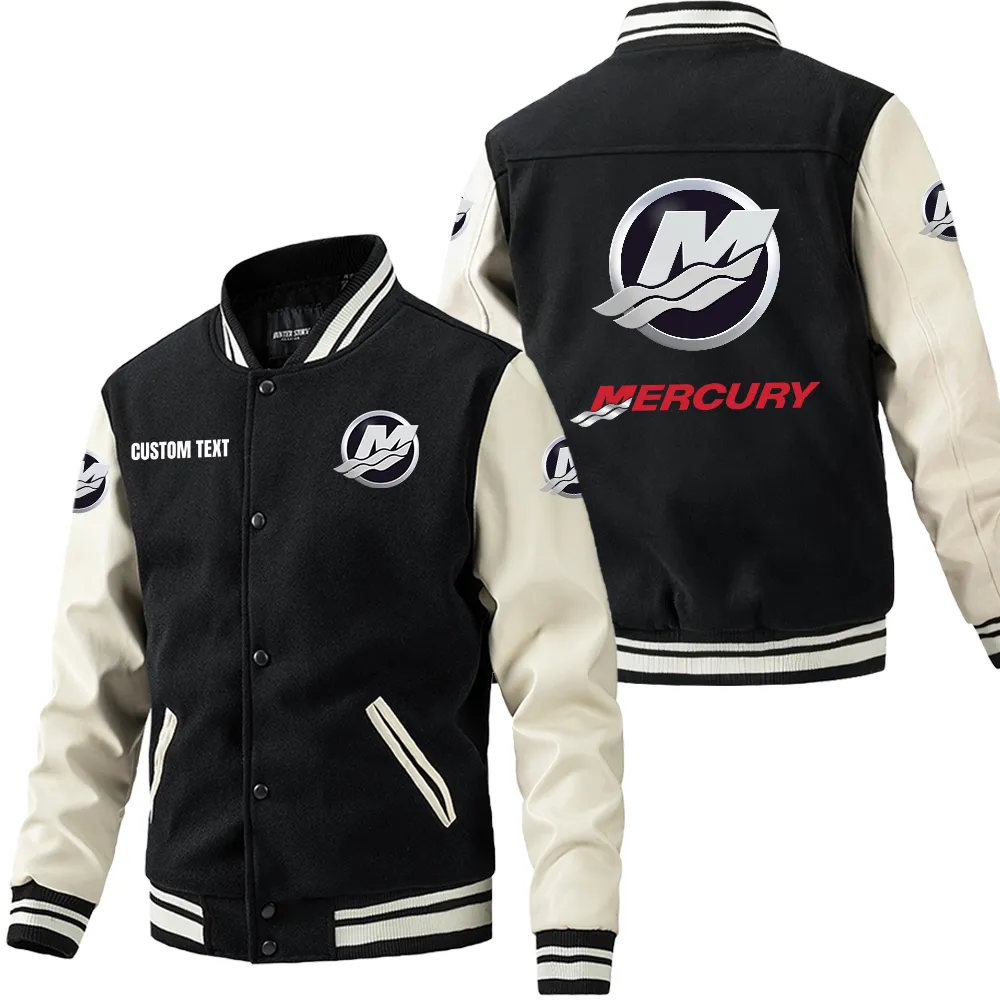 Mercury Marine Leder-Baseballjacke für Auto-Fans – Ärmel mit All-Over-Print, personalisierbar mit Wunschname CAR1801112151 - Schwarz Weiß