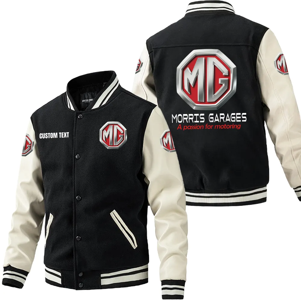 MG Cars Leder-Baseballjacke für Auto-Fans – Ärmel mit All-Over-Print, personalisierbar mit Wunschname CAR1801112152 - Schwarz Weiß