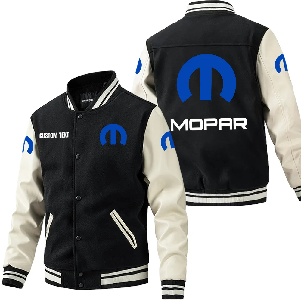 Mopar Leder-Baseballjacke für Auto-Fans – Ärmel mit All-Over-Print, personalisierbar mit Wunschname CAR1801112155 - Schwarz Weiß