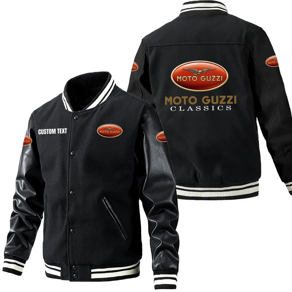 Moto Guzzi Leder-Baseballjacke für Auto-Fans – Ärmel mit All-Over-Print, personalisierbar mit Wunschname CAR1801112156 - Schwarz