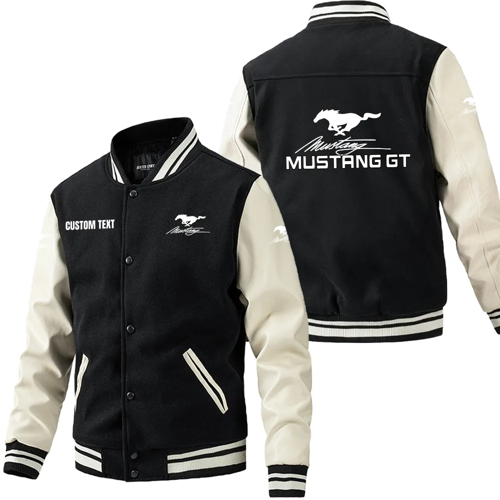 Mustang gt Leder-Baseballjacke für Auto-Fans – Ärmel mit All-Over-Print, personalisierbar mit Wunschname CAR1801112158 - Schwarz Weiß