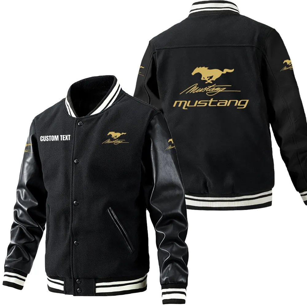 Mustang racing Leder-Baseballjacke für Auto-Fans – Ärmel mit All-Over-Print, personalisierbar mit Wunschname CAR1801112159 - Schwarz