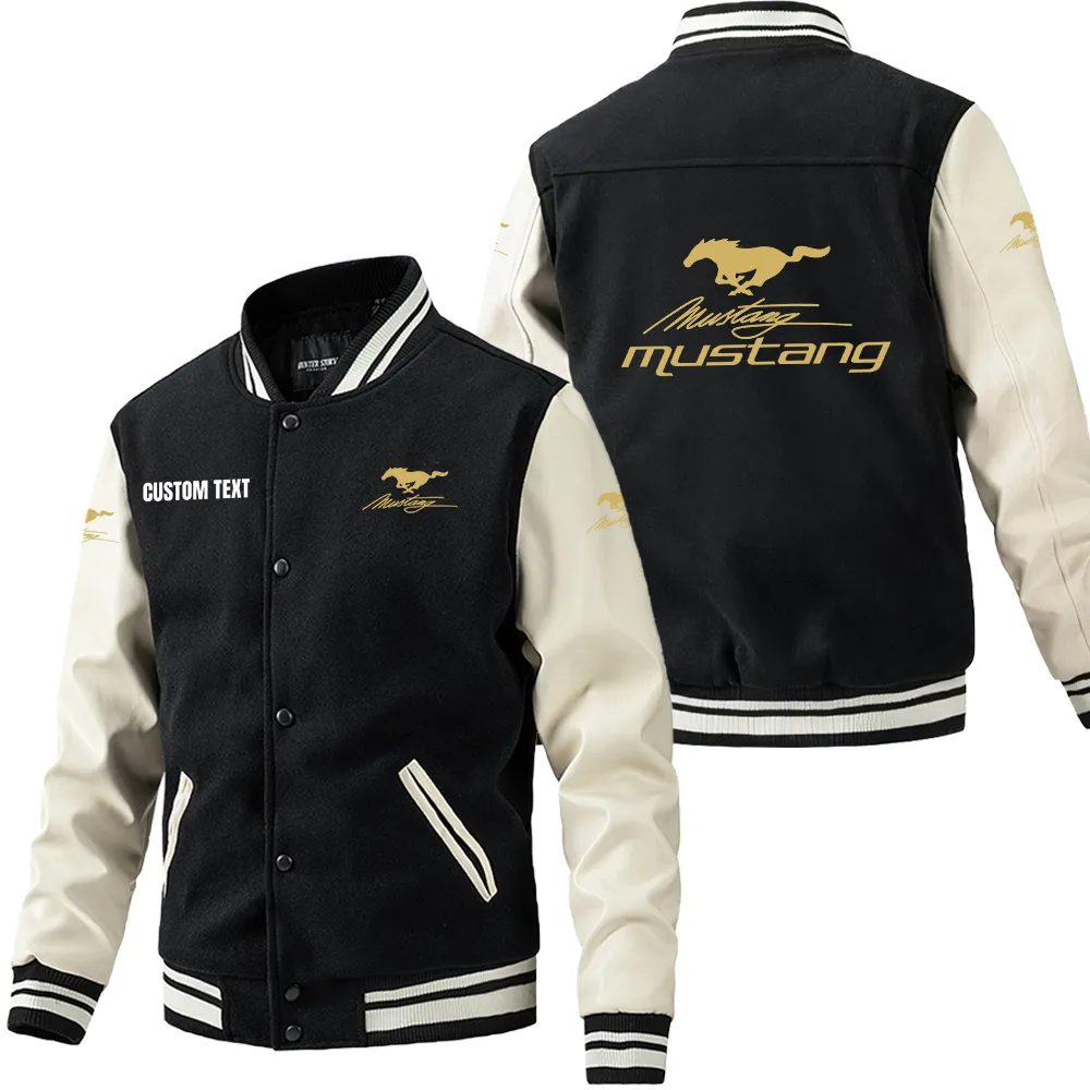 Mustang racing Leder-Baseballjacke für Auto-Fans – Ärmel mit All-Over-Print, personalisierbar mit Wunschname CAR1801112159 - Schwarz Weiß
