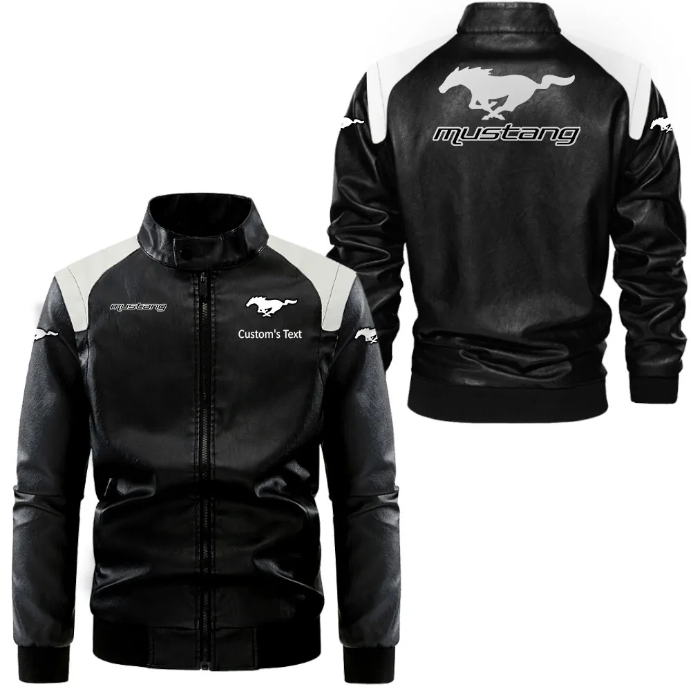 mustang racing Lederjacke in Schwarz-Weiß für Auto-Fans, Allover-Print, personalisierbar mit Wunschname CAR0801062258