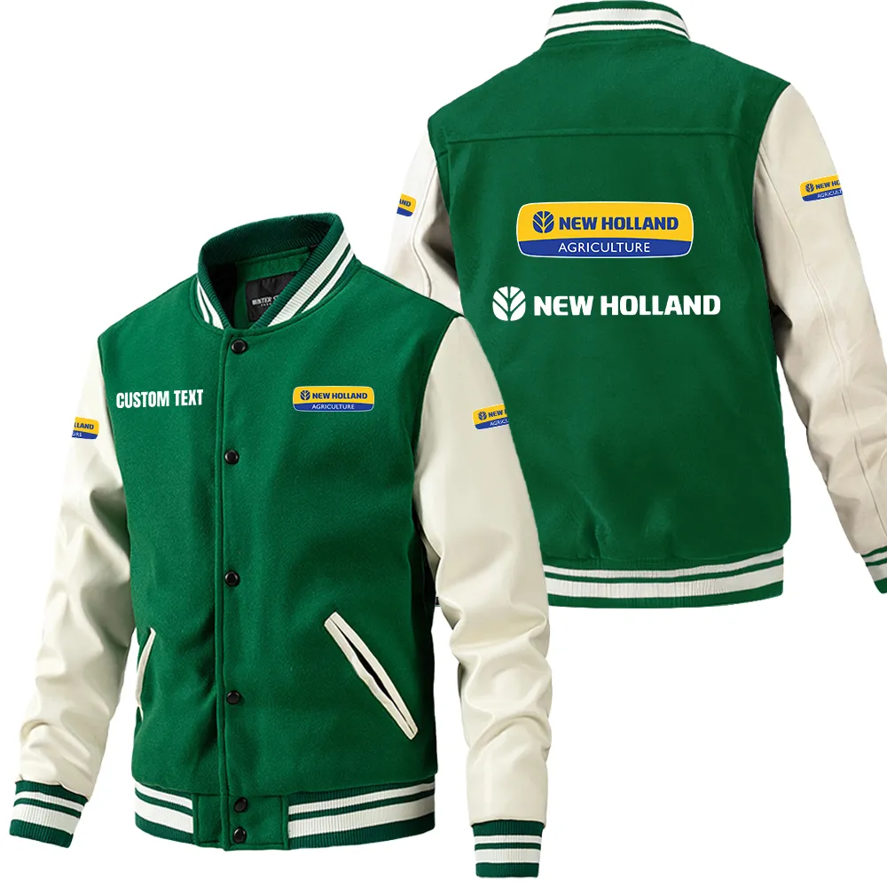 New Holland Agriculture Leder-Baseballjacke für Auto-Fans – Ärmel mit All-Over-Print, personalisierbar mit Wunschname CAR1801112161 - Grün