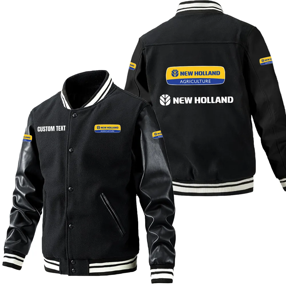 New Holland Agriculture Leder-Baseballjacke für Auto-Fans – Ärmel mit All-Over-Print, personalisierbar mit Wunschname CAR1801112161 - Schwarz
