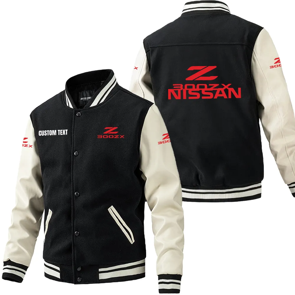 Nissan 300zx Leder-Baseballjacke für Auto-Fans – Ärmel mit All-Over-Print, personalisierbar mit Wunschname CAR1801112163 - Schwarz Weiß