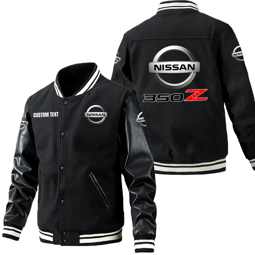 Nissan 350z Leder-Baseballjacke für Auto-Fans – Ärmel mit All-Over-Print, personalisierbar mit Wunschname CAR1801112164 - Schwarz
