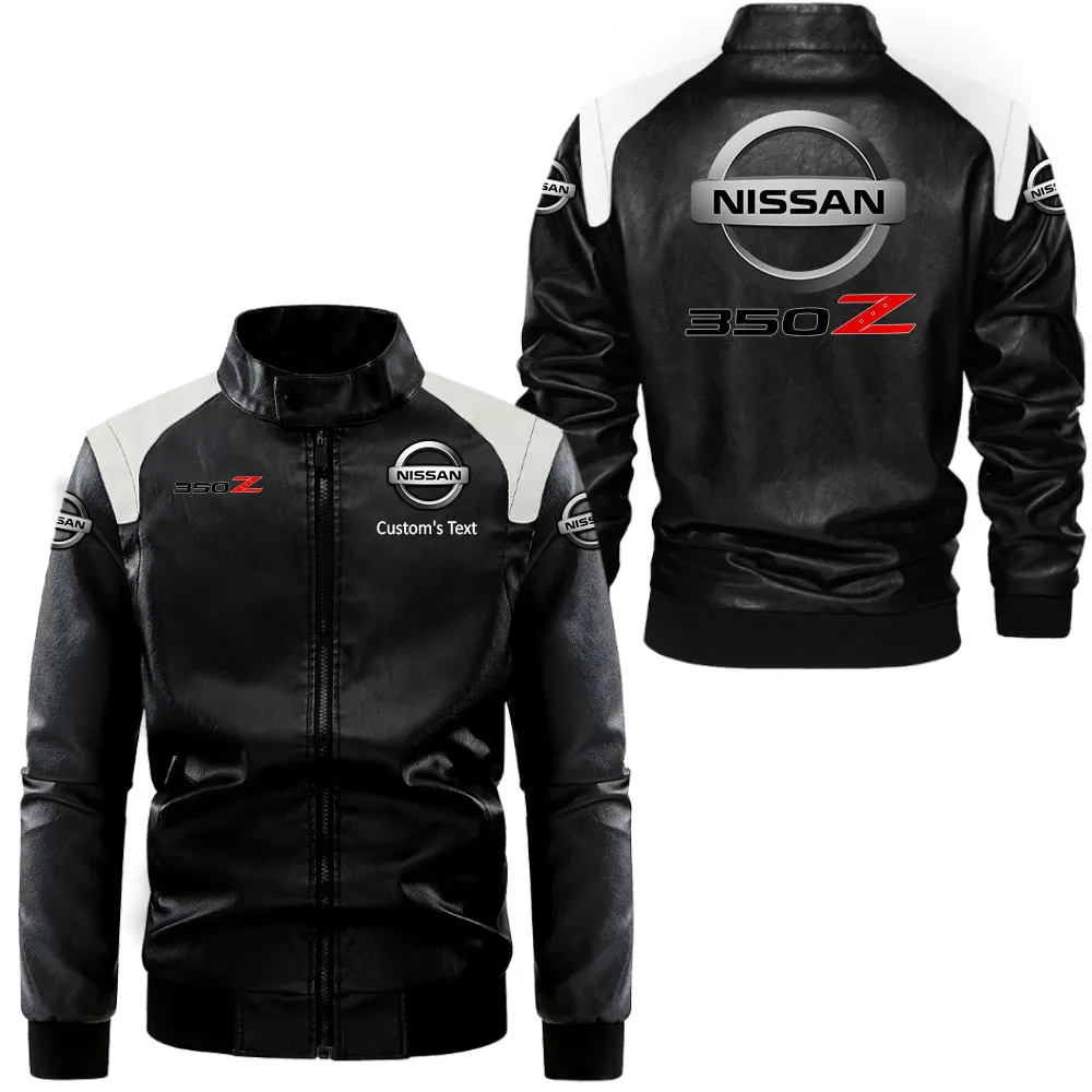 nissan 350z Lederjacke in Schwarz-Weiß für Auto-Fans, Allover-Print, personalisierbar mit Wunschname CAR0801062265