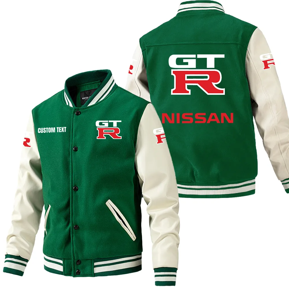 Nissan gtr Leder-Baseballjacke für Auto-Fans – Ärmel mit All-Over-Print, personalisierbar mit Wunschname CAR1801112166 - Grün