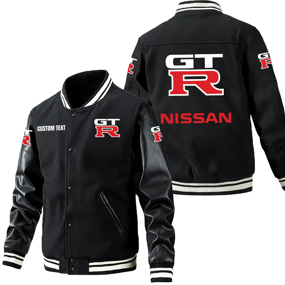 Nissan gtr Leder-Baseballjacke für Auto-Fans – Ärmel mit All-Over-Print, personalisierbar mit Wunschname CAR1801112166 - Schwarz