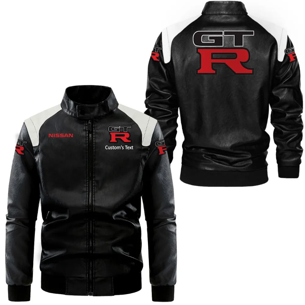 nissan gtr Lederjacke in Schwarz-Weiß für Auto-Fans, Allover-Print, personalisierbar mit Wunschname CAR0801062268