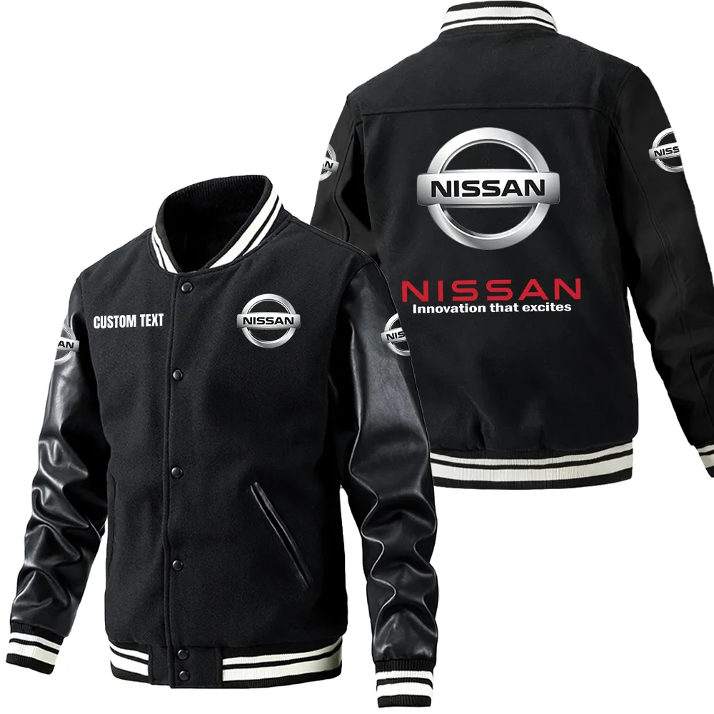 Nissan Leder-Baseballjacke für Auto-Fans – Ärmel mit All-Over-Print, personalisierbar mit Wunschname CAR1801112167 - Schwarz